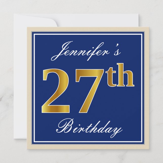 Elegant, blau, Imitate Gold 27. Geburtstag + Name Einladung (Vorderseite)