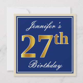 Elegant, blau, Imitate Gold 27. Geburtstag + Name Einladung