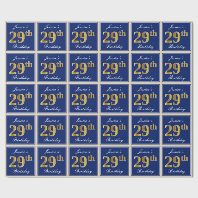 Elegant, blau, Imitate Gold 29. Geburtstag + Name Geschenkpapier (Flach)