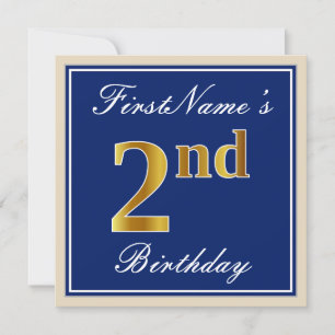 Elegant, blau, Imitate Gold 2. Geburtstag; Individ Einladung