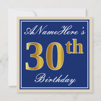Elegant, blau, Imitate Gold 30. Geburtstag + Name Einladung