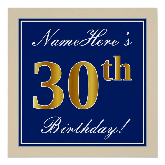 Elegant, blau, Imitate Gold 30. Geburtstag + Name Poster (Vorderseite)