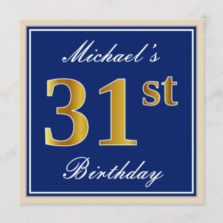 Elegant, Blau, Imitate Gold 31. Geburtstag + Name Einladung