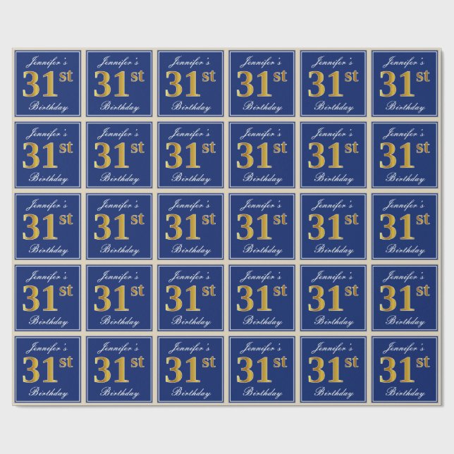 Elegant, blau, Imitate Gold 31. Geburtstag + Name Geschenkpapier (Flach)