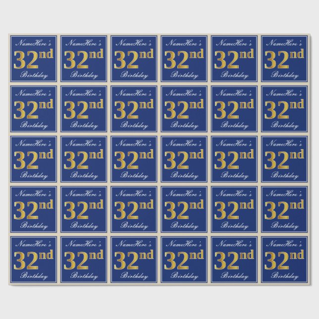Elegant, blau, Imitate Gold 32. Geburtstag + Name Geschenkpapier (Flach)