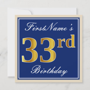 Elegant, blau, Imitate Gold 33. Geburtstag + Name Einladung