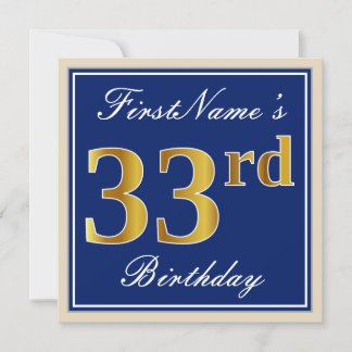 Elegant, blau, Imitate Gold 33. Geburtstag + Name Einladung