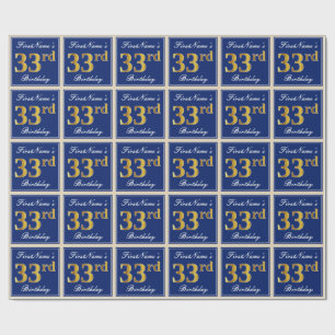 Elegant, blau, Imitate Gold 33. Geburtstag + Name Geschenkpapier