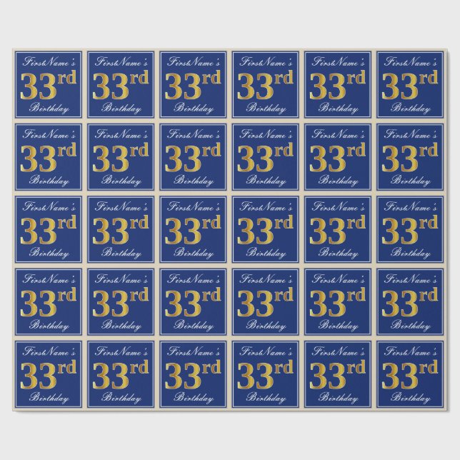 Elegant, blau, Imitate Gold 33. Geburtstag + Name Geschenkpapier (Flach)