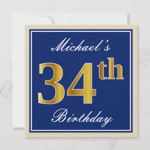 Elegant, blau, Imitate Gold 34. Geburtstag + Name Einladung