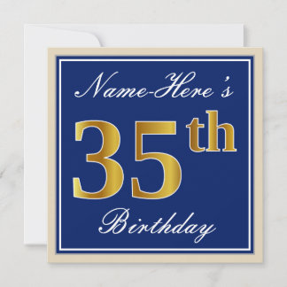 Elegant, Blau, Imitate Gold 35. Geburtstag + Name Einladung