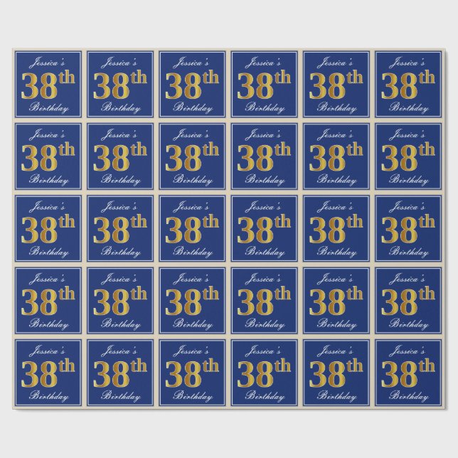 Elegant, blau, Imitate Gold 38. Geburtstag + Name Geschenkpapier (Flach)