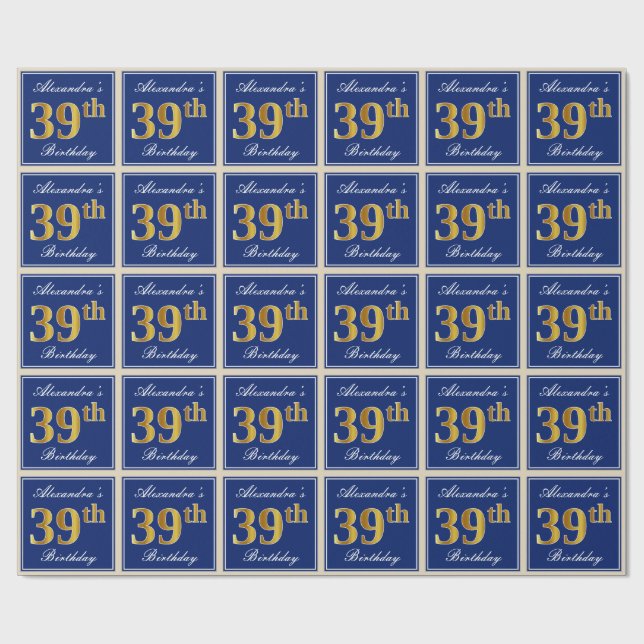 Elegant, blau, Imitate Gold 39. Geburtstag + Name Geschenkpapier (Flach)