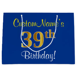 Elegant, blau, Imitate Gold 39. Geburtstag + Name Große Geschenktüte