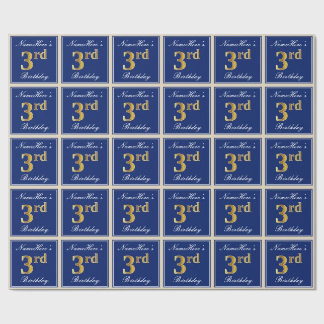 Elegant, blau, Imitate Gold 3. Geburtstag; Individ Geschenkpapier (Flach)