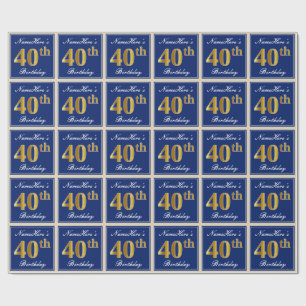 Elegant, Blau, Imitate Gold 40. Geburtstag + Name Geschenkpapier