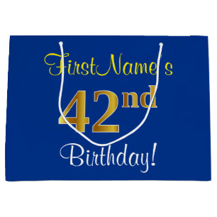 Elegant, blau, Imitate Gold 42. Geburtstag + Name Große Geschenktüte