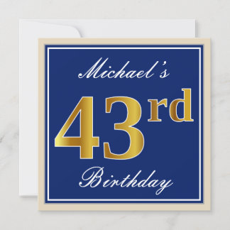 Elegant, blau, Imitate Gold 43. Geburtstag + Name Einladung