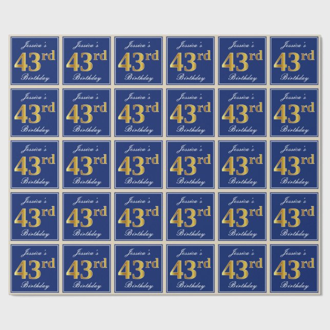 Elegant, blau, Imitate Gold 43. Geburtstag + Name Geschenkpapier (Flach)