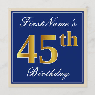 Elegant, blau, Imitate Gold 45. Geburtstag + Name Einladung