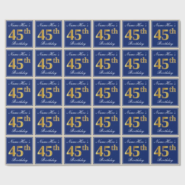 Elegant, blau, Imitate Gold 45. Geburtstag + Name Geschenkpapier (Flach)