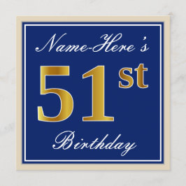 Elegant, blau, Imitate Gold 51. Geburtstag + Name Einladung