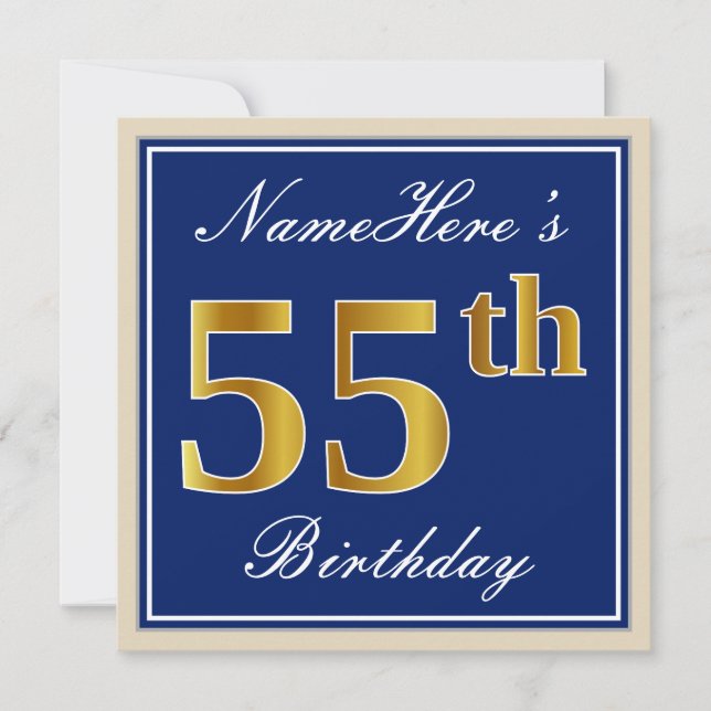Elegant, blau, Imitate Gold 55. Geburtstag + Name Einladung (Vorderseite)