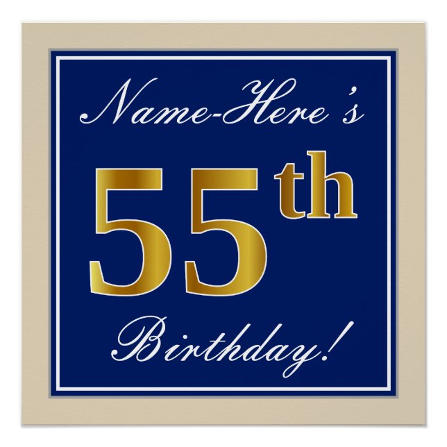 Elegant, blau, Imitate Gold 55. Geburtstag + Name Poster (Vorderseite)