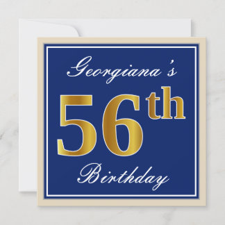 Elegant, blau, Imitate Gold 56. Geburtstag + Name Einladung