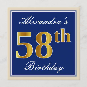 Elegant, Blau, Imitate Gold 58. Geburtstag + Name Einladung