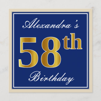 Elegant, blau, Imitate Gold 58. Geburtstag + Name Einladung