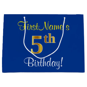 Elegant, blau, Imitate Gold 5. Geburtstag; Individ Große Geschenktüte