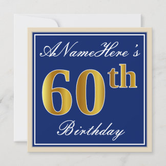 Elegant, blau, Imitate Gold 60. Geburtstag + Name Einladung
