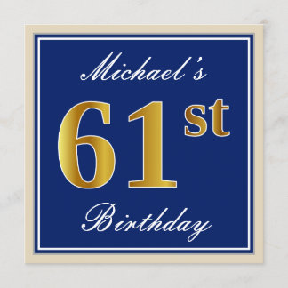 Elegant, blau, Imitate Gold 61. Geburtstag + Name Einladung