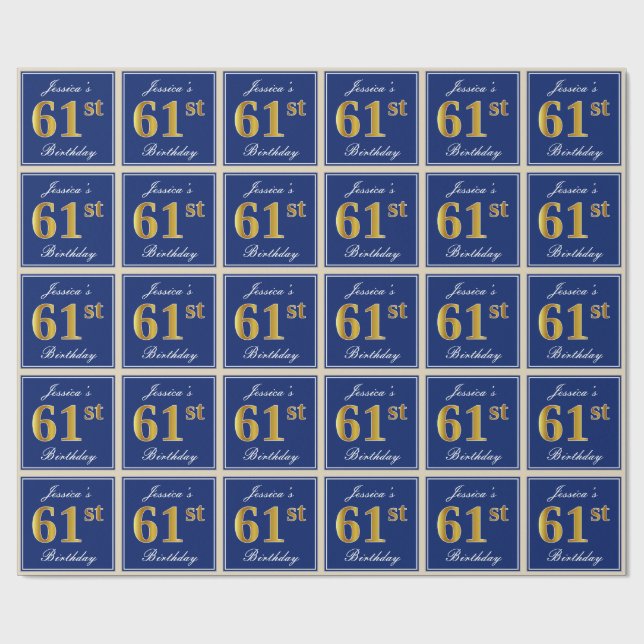 Elegant, blau, Imitate Gold 61. Geburtstag + Name Geschenkpapier (Flach)
