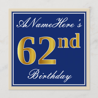 Elegant, blau, Imitate Gold 62. Geburtstag + Name Einladung