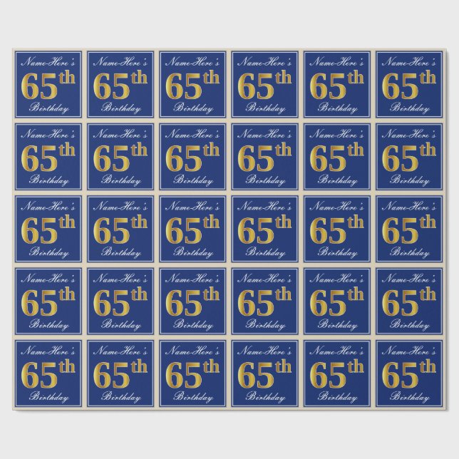Elegant, blau, Imitate Gold 65. Geburtstag + Name Geschenkpapier (Flach)