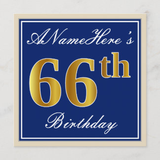 Elegant, blau, Imitate Gold 66. Geburtstag + Name Einladung