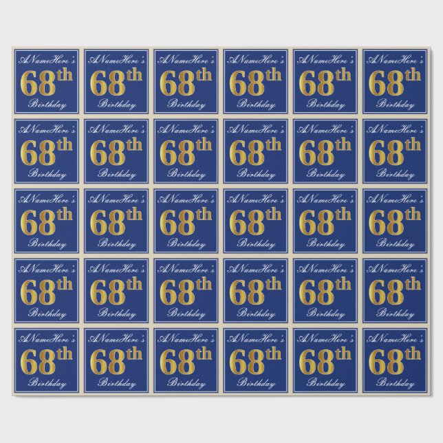 Elegant, blau, Imitate Gold 68. Geburtstag + Name Geschenkpapier (Flach)