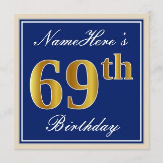 Elegant, blau, Imitate Gold 69. Geburtstag + Name Einladung
