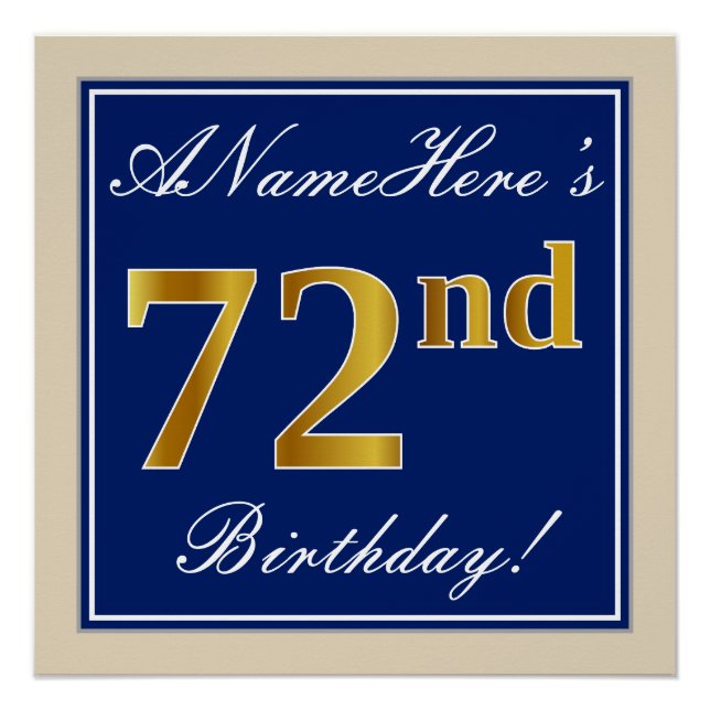 Elegant, blau, Imitate Gold 72. Geburtstag + Name Poster (Vorderseite)