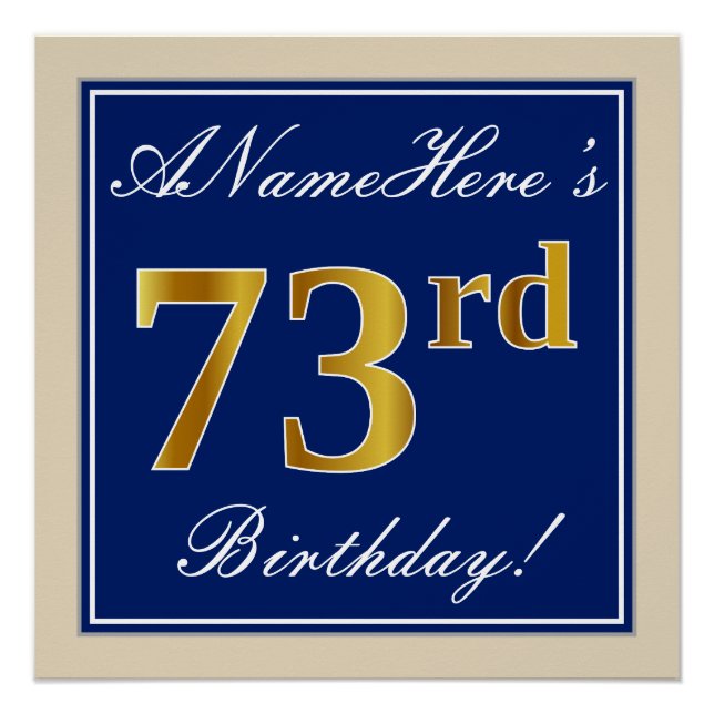 Elegant, blau, Imitate Gold 73. Geburtstag + Name Poster (Vorderseite)
