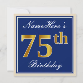 Elegant, blau, Imitate Gold 75. Geburtstag + Name Einladung