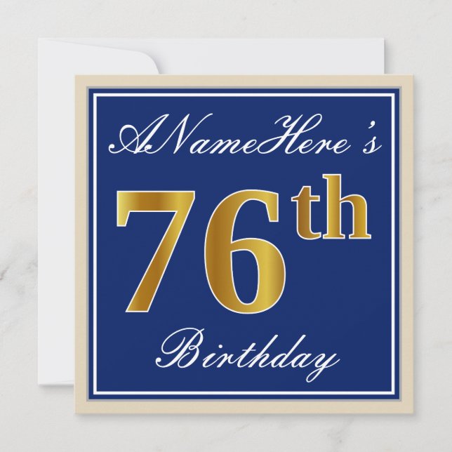 Elegant, blau, Imitate Gold 76. Geburtstag + Name Einladung (Vorderseite)