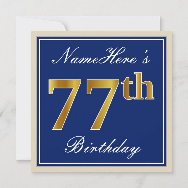 Elegant, blau, Imitate Gold 77. Geburtstag + Name Einladung