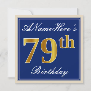 Elegant, blau, Imitate Gold 79. Geburtstag + Name Einladung