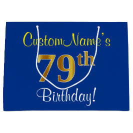 Elegant, blau, Imitate Gold 79. Geburtstag + Name Große Geschenktüte
