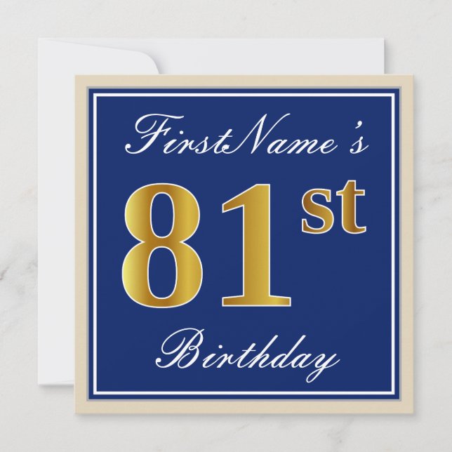 Elegant, blau, Imitate Gold 81. Geburtstag + Name Einladung (Vorderseite)