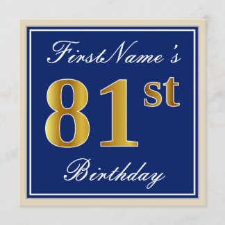 Elegant, blau, Imitate Gold 81. Geburtstag + Name Einladung
