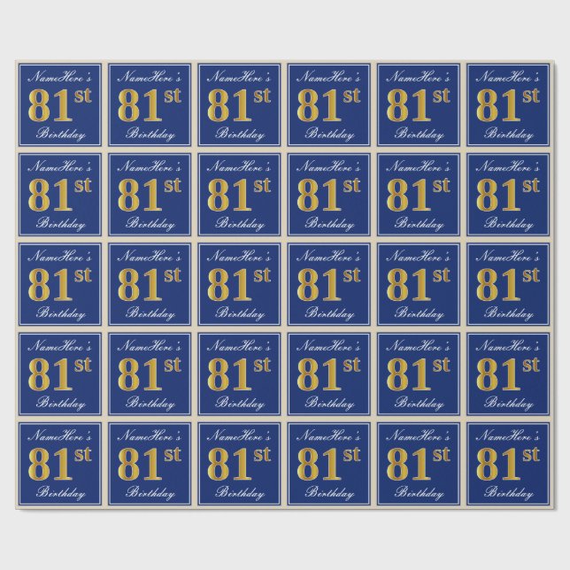 Elegant, blau, Imitate Gold 81. Geburtstag + Name Geschenkpapier (Flach)